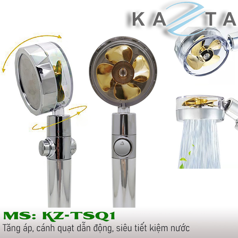 Bộ tay sen tắm KAZTA KZ-TSQ1 có cánh quạt tăng áp-lõi lọc và nút tắt mở (đủ bộ tay sen-dây sen-gát sen)