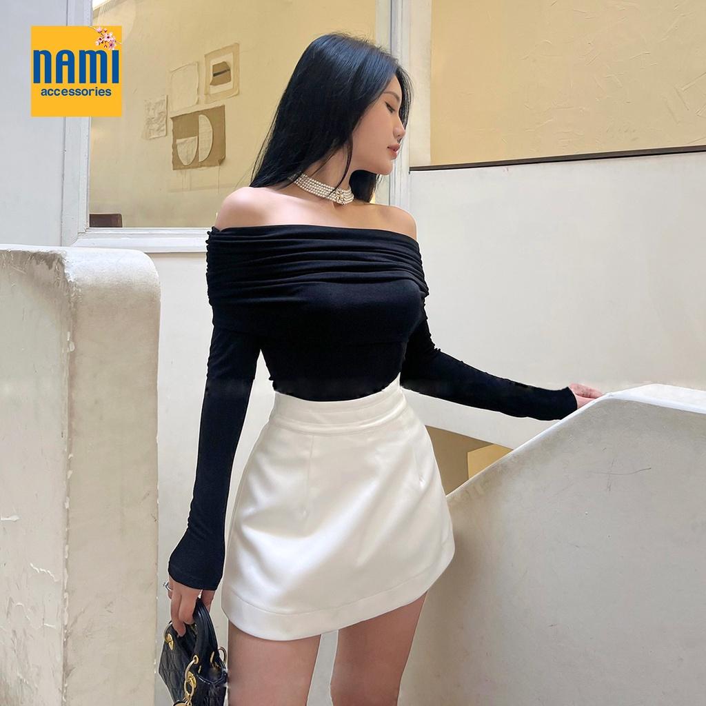 Áo thun dệt kim trễ vai tay dài nhúng cách điệu Nanami thích hợp đi tiệc phong cách sang trọng nổi bật - ATNU061