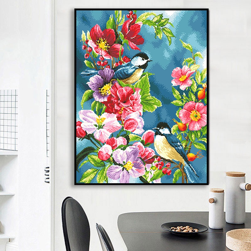 Tranh thêu kín Hoa và đôi chim D09148, kích thước 50*70 cm