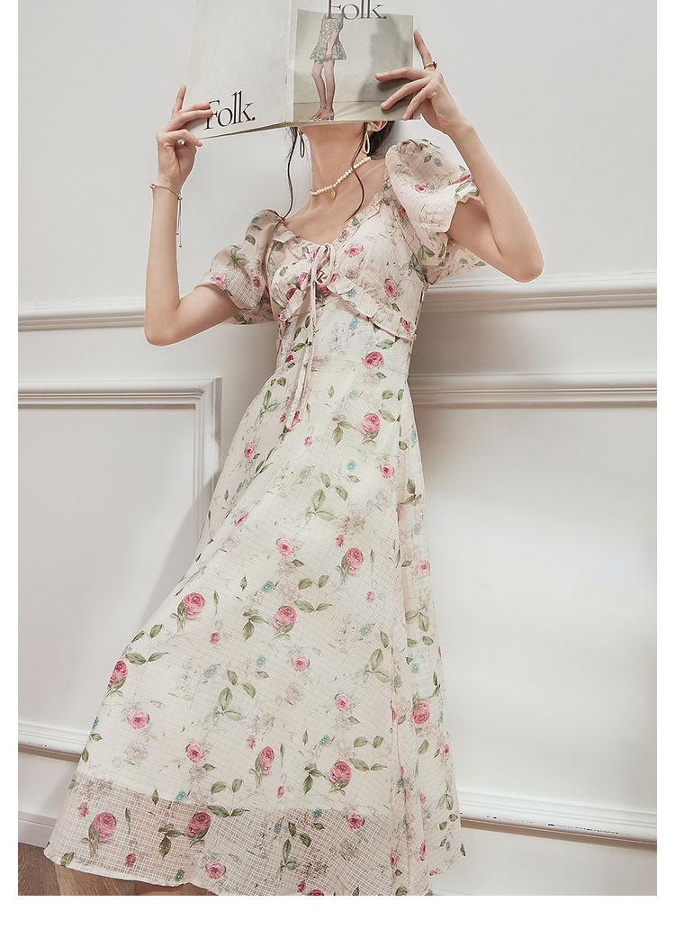 TOBE1SHOP Hiện tại giây phát trà nghỉ kiểu Pháp váy mùa hè khí chất nhỏ nhắn hoa v cổ siêu tiên tuyệt đẹp váy dài nữ