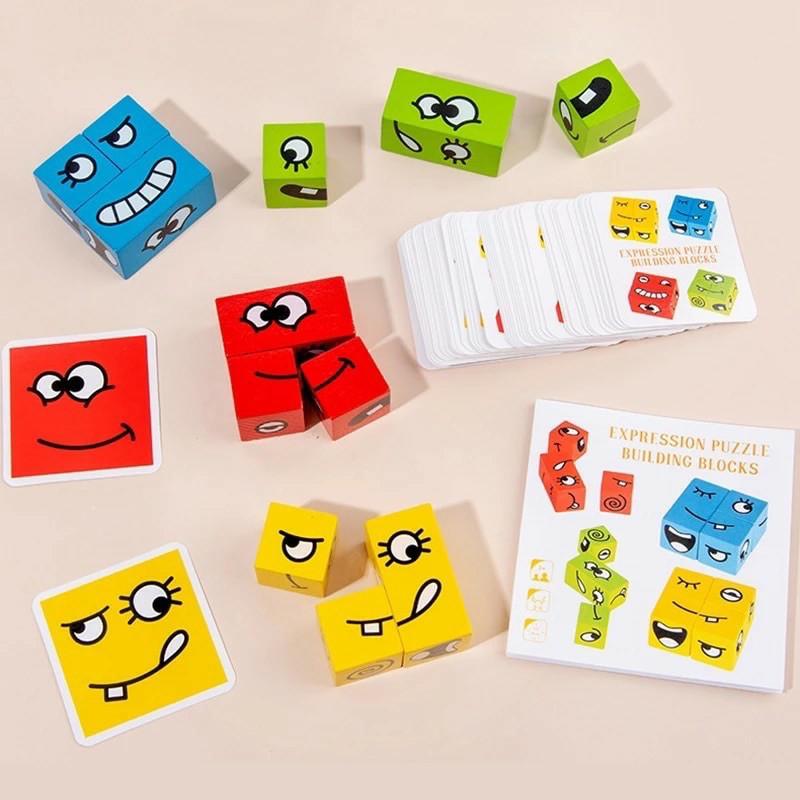 Đồ Chơi Board Game Xếp Hình Lập Phương Thay Đổi Biểu Cảm Bằng Gỗ Theo Mẫu