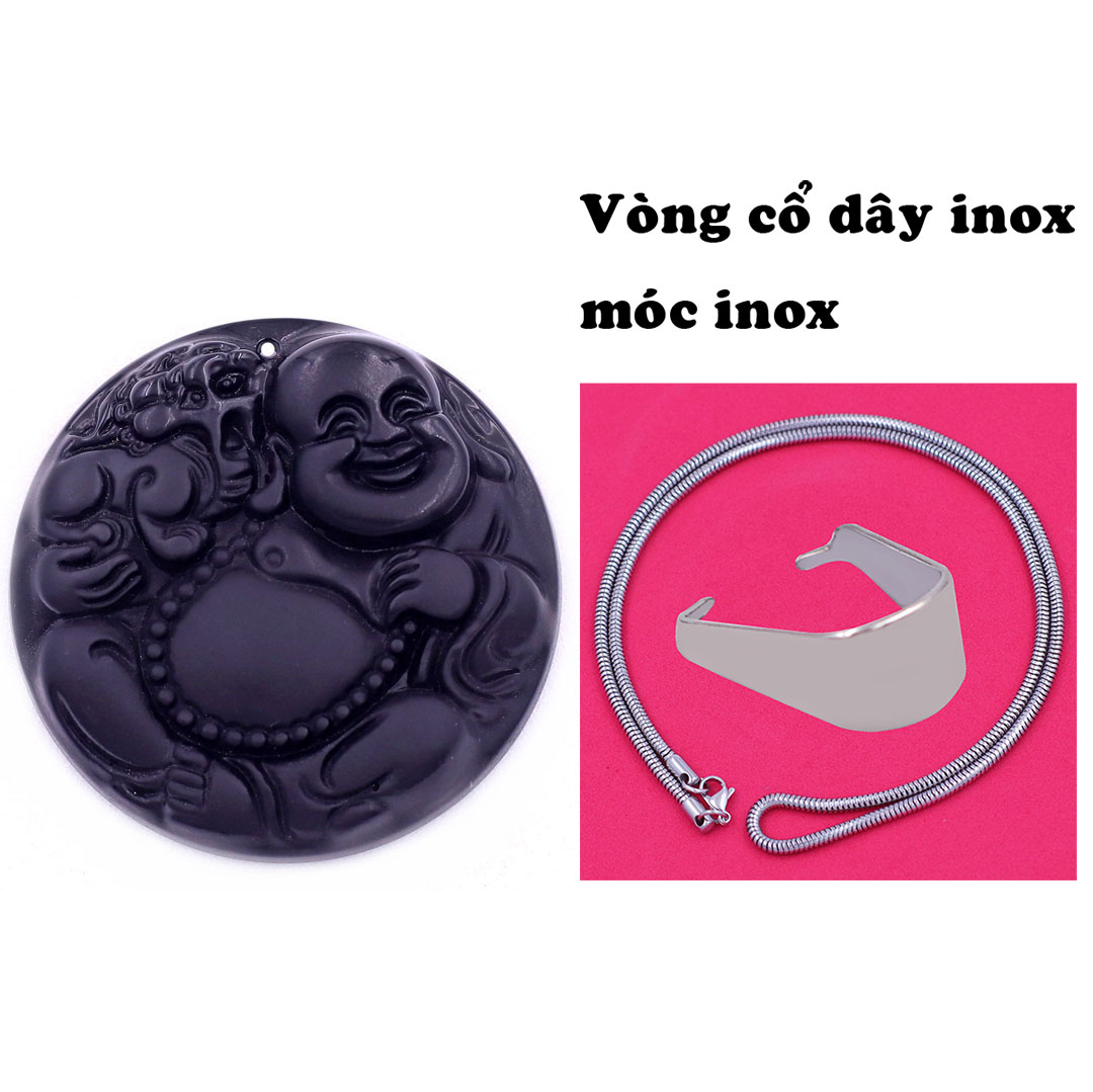 Mặt dây chuyền Phật Di lặc tròn đá đen 4.5 cm  kèm vòng cổ dây chuyền inox rắn trắng + móc inox trắng, mặt dây chuyền Phật cười