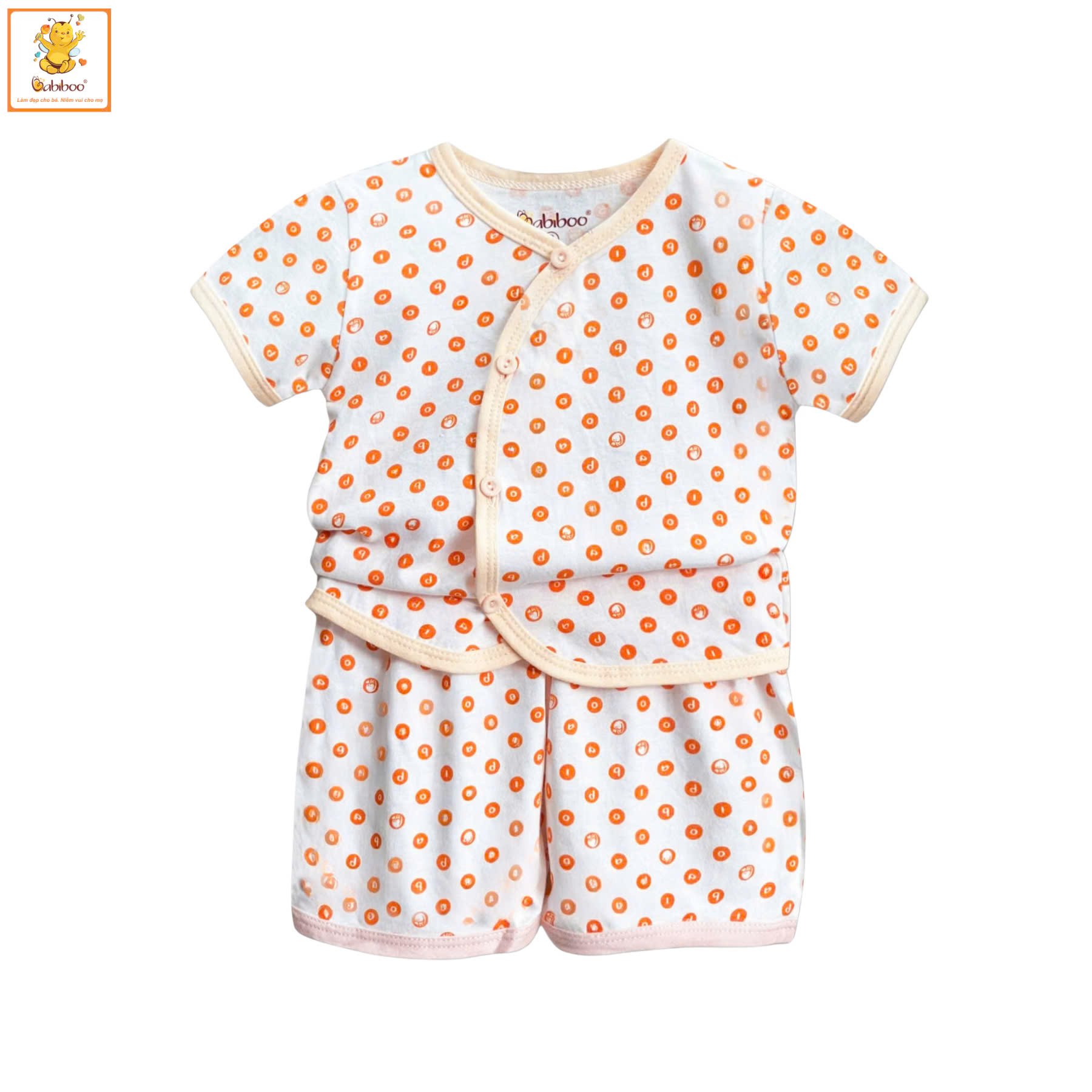 Bộ sơ sinh bé gái Babiboo quần áo sơ sinh tay ngắn chất cotton, họa tiết chấm bi đáng yêu BBC18