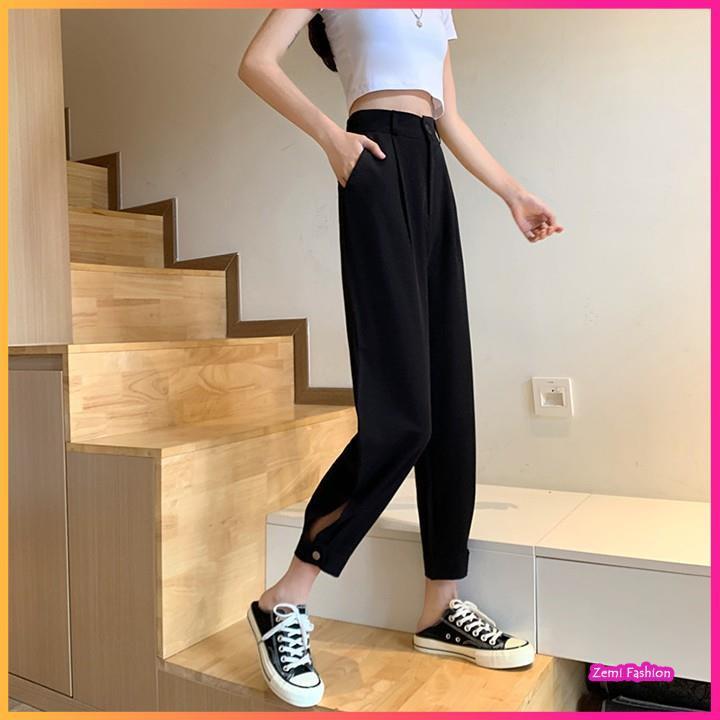 Quần baggy nữ cạp cao dáng rộng có khuy bo gấu Ulzzang