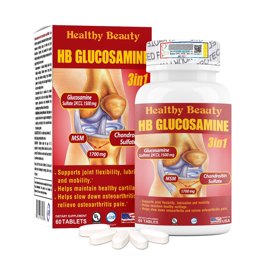 Viên uống Bổ xương khớp HB Glucosamine 3 in 1 nhập khẩu Mỹ, thực phẩm chức năng hỗ trợ làm chậm quá trình thoái hóa khớp, giảm triệu chứng viêm khớp giúp bổ xương khớp, tăng cường khả năng vận động hộp 60 viên và 200 viên