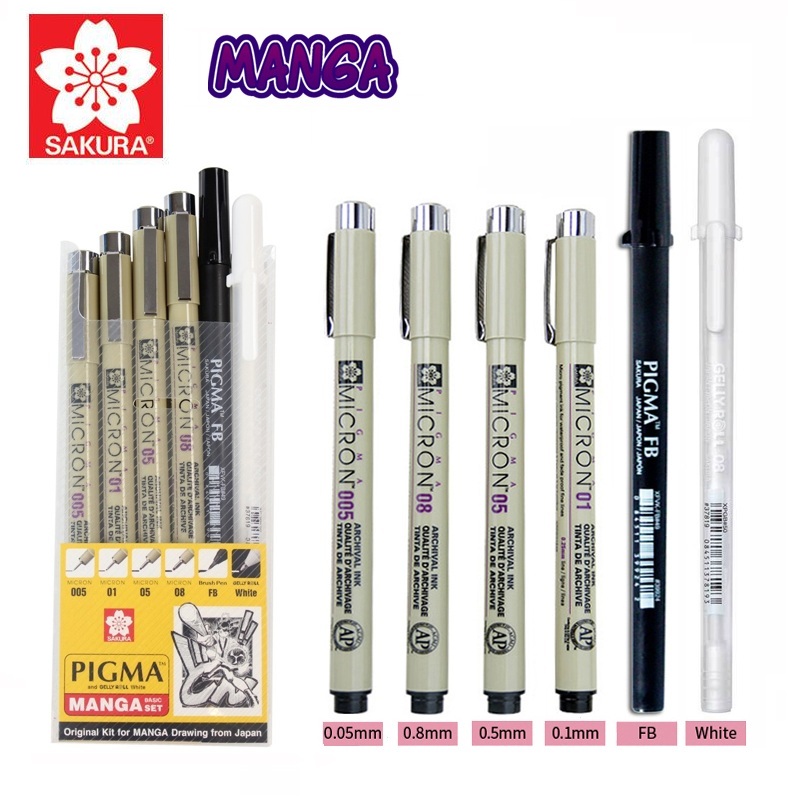 Bộ đi nét chuyên nghiệp Sakura Pigma Manga Basic Set (micron 0.05/0.1/0.5/0.8/FB/gell trắng)