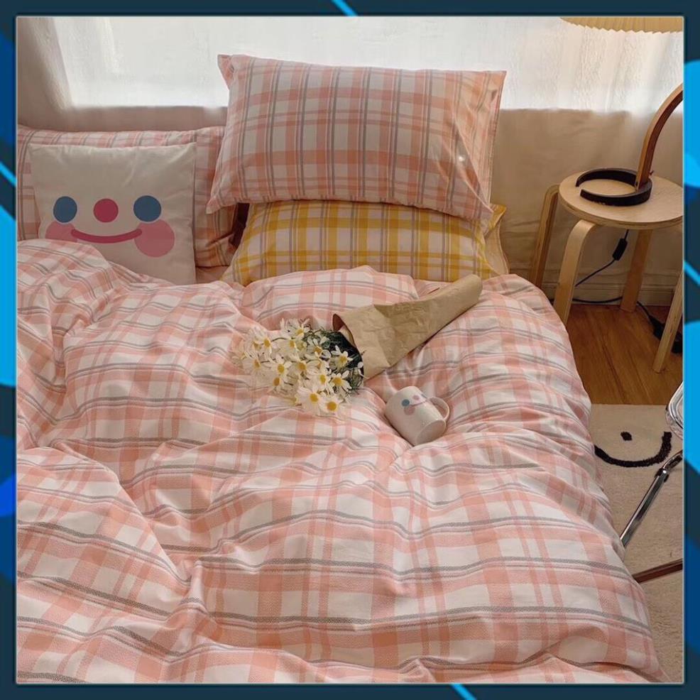Bộ chăn ga gối Cotton Poly bedding kẻ hồng ga hồng, vỏ chăn mền, drap giường và 2 vỏ gối