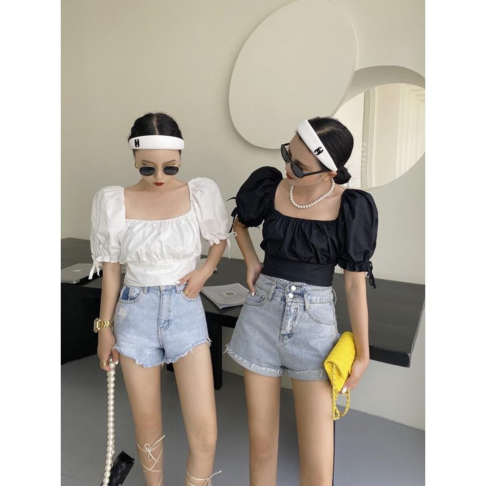 Áo hở vai buộc nơ lưng hai màu đen trăng A010