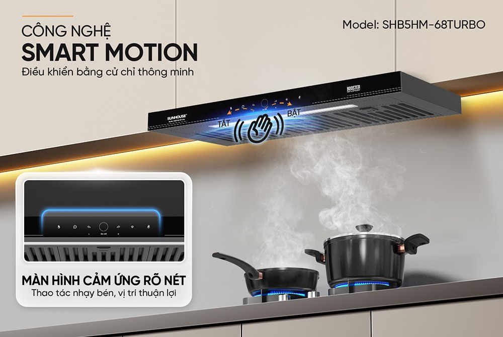 Máy hút mùi âm tủ Sunhouse SHB5HM-68TURBO, Công suất 220W, Chế độ Booster hút cực mạnh 1600m3/h, Công nghệ Ultra-Quiet độ ồn thấp, Điều khiển cảm biến thông minh vẫy tay, Bảo hành 36 tháng tại nhà - Hàng chính hãng