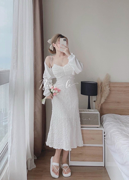 Set Áo Khoác Kèm Đầm Xốp 2 Dây 2 Lớp Thời Trang
