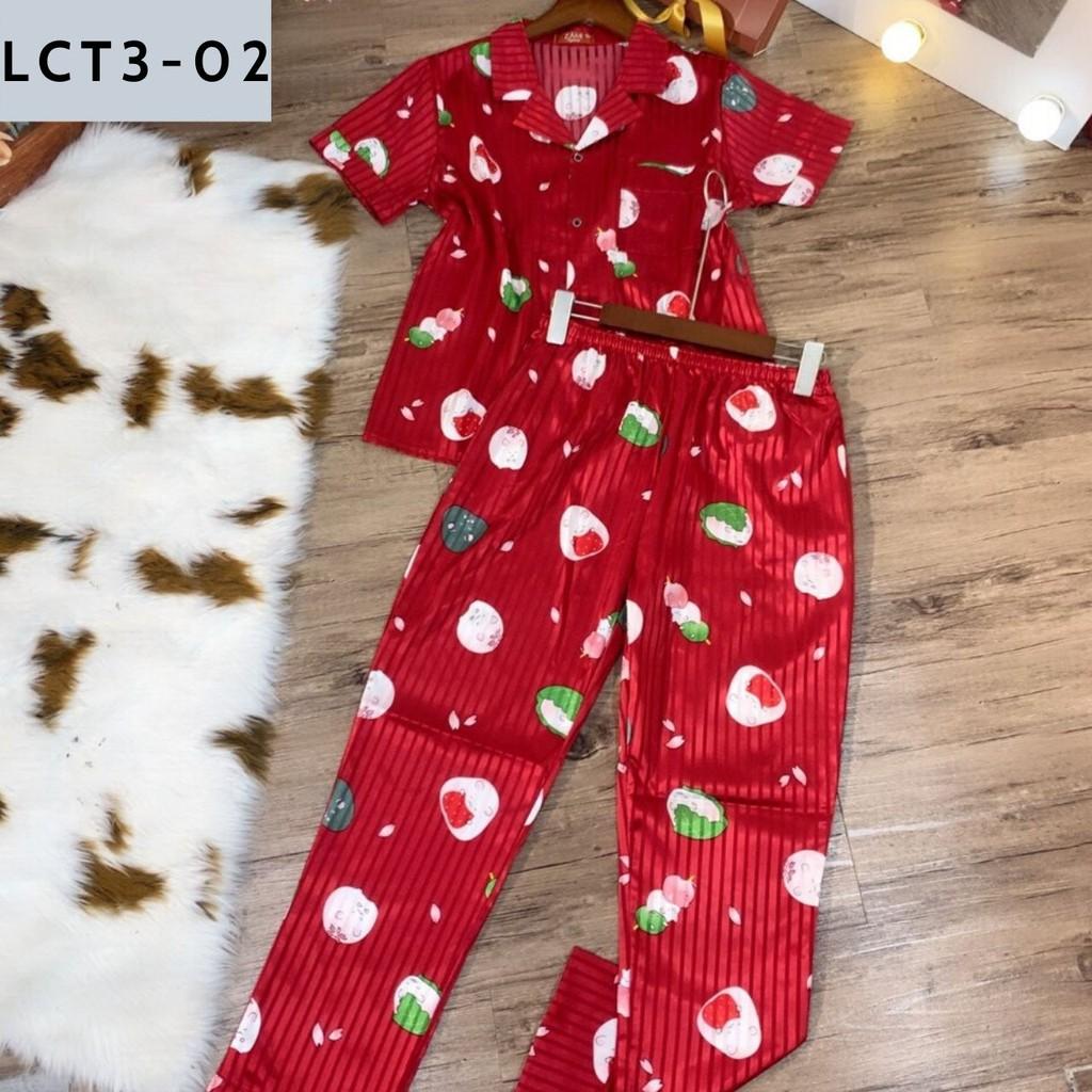 BỘ PIJAMA LỤA GẤM TAY NGẮN QUẦN DÀI HỌA TIẾT CỰC XINH