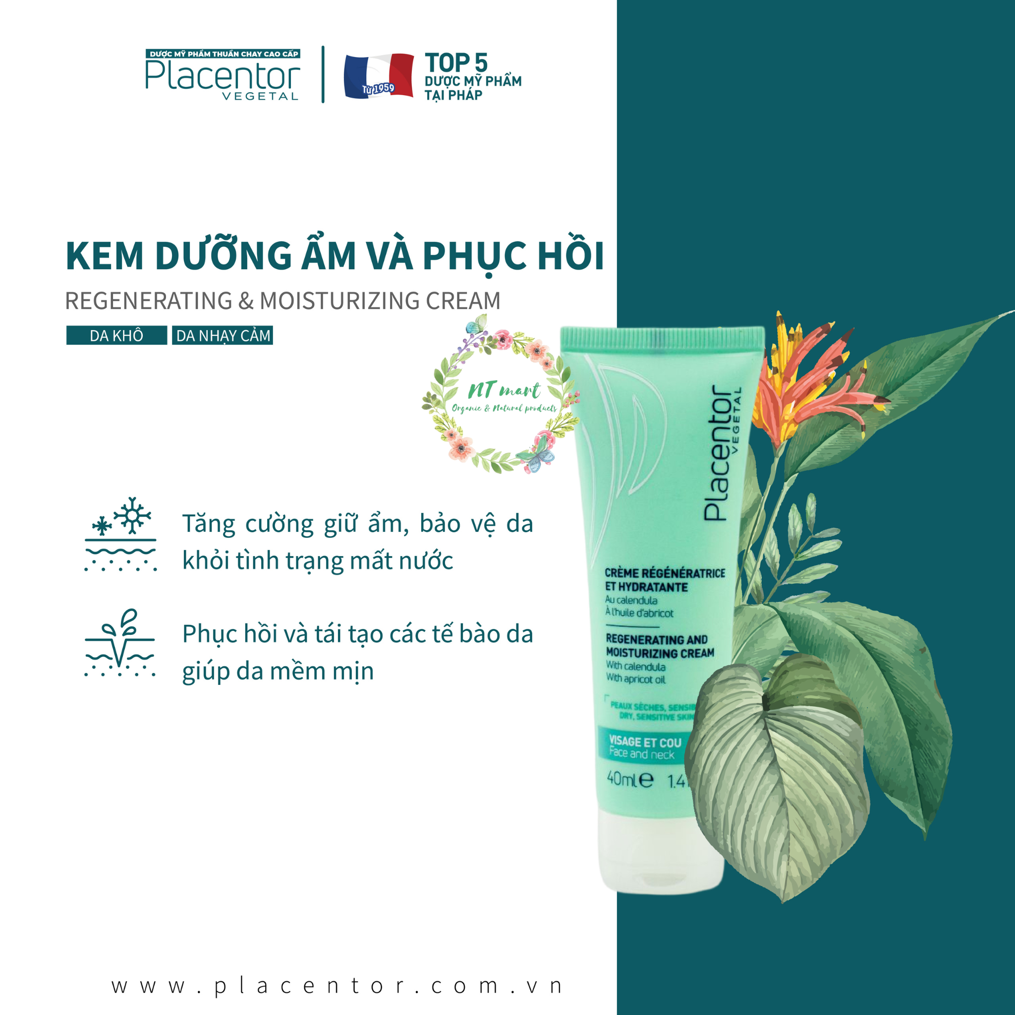 [THUẦN CHAY] Kem dưỡng ẩm phục hồi Placentor Regenerating & Moisturizing Cream