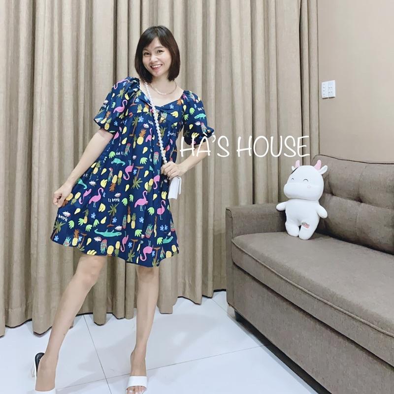 Đầm babydoll hoạ tiết màu xanh than siêu dễ thương