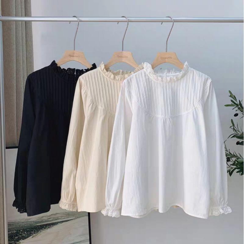 Áo babydoll xếp li ngực cổ ren vintage ảnh thật
