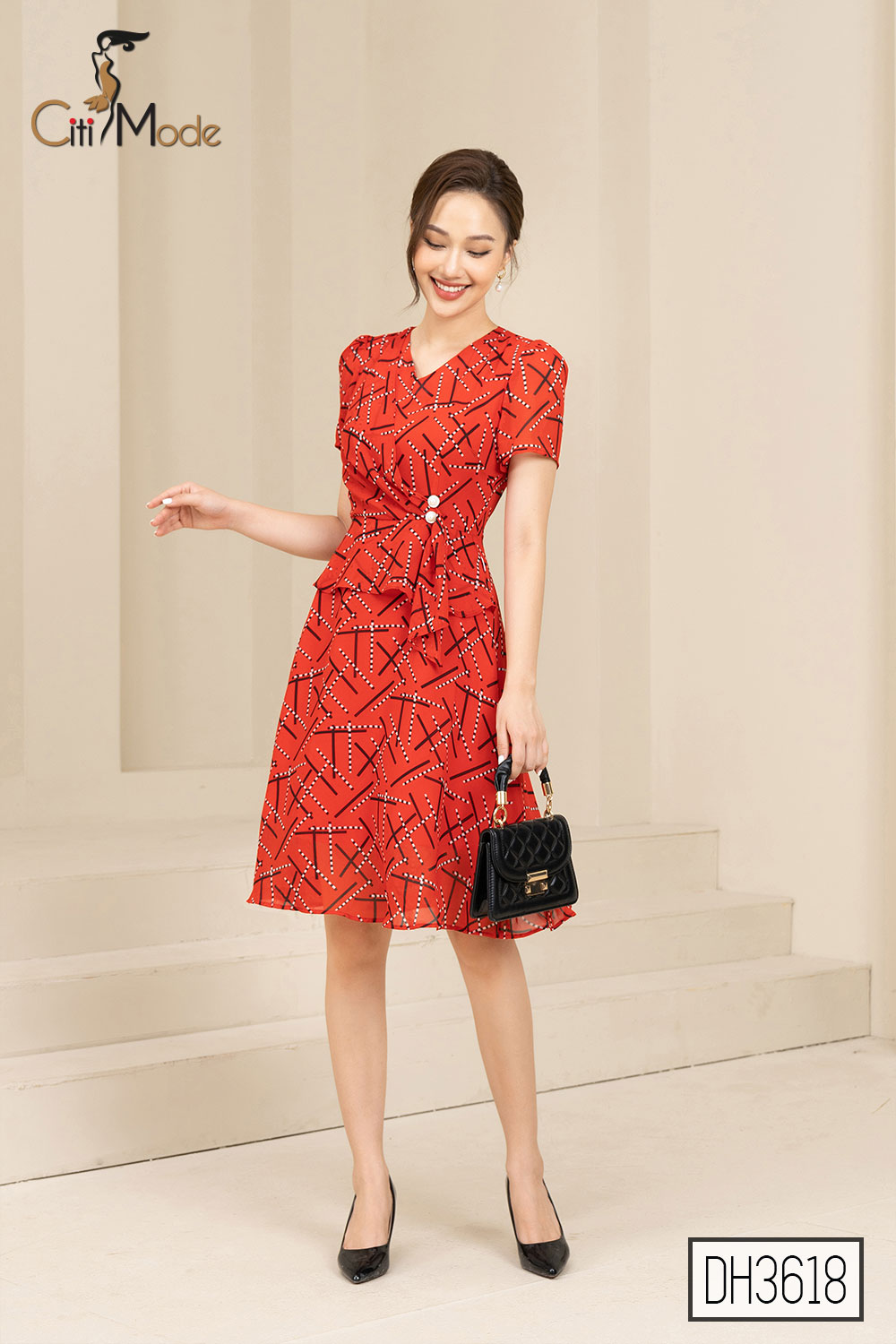 Đầm xòe peplum nữ đỏ họa tiết CITI MODE cổ V tay ngắn chất Voan cao cấp DH3618