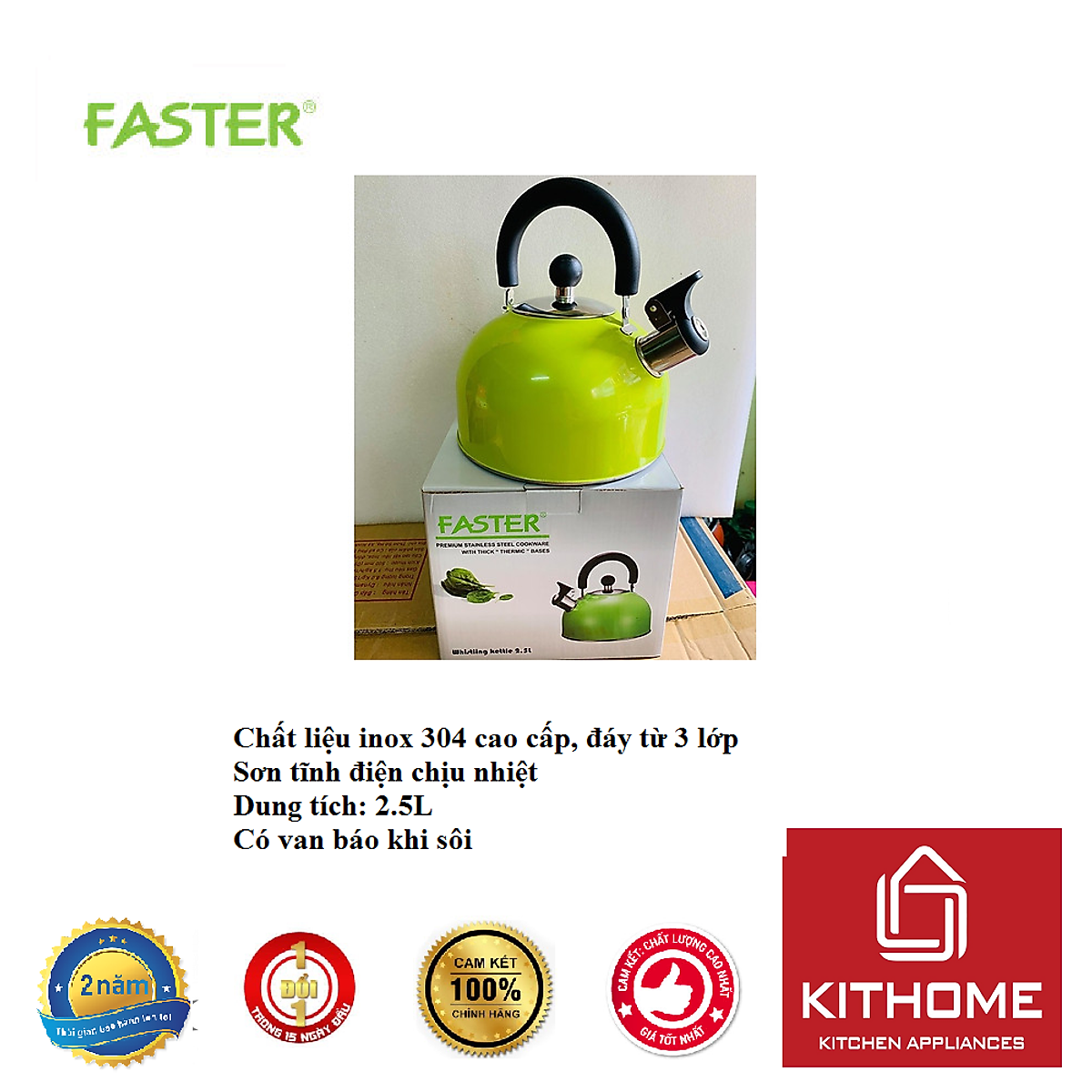 Ấm đun nước bếp từ Faster 2.5L màu xanh, có còi báo- hàng chính hãng