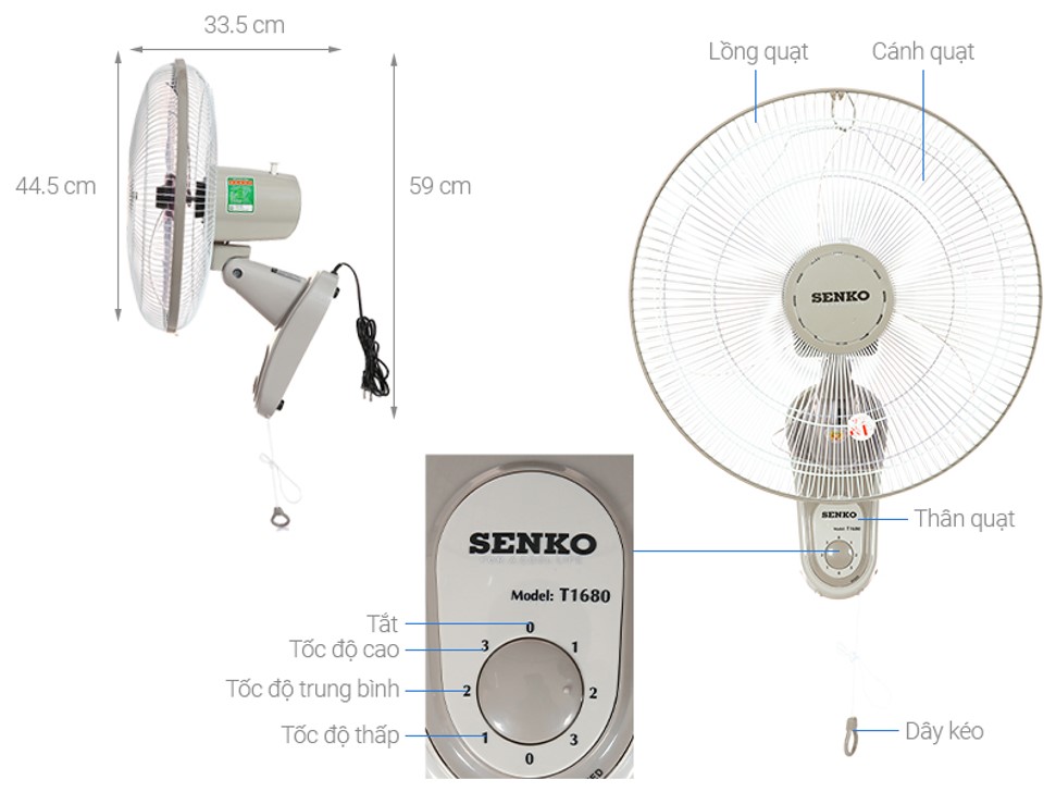 Quạt treo tường Senko T1682 công suất 47W (giao màu ngẫu nhiên)