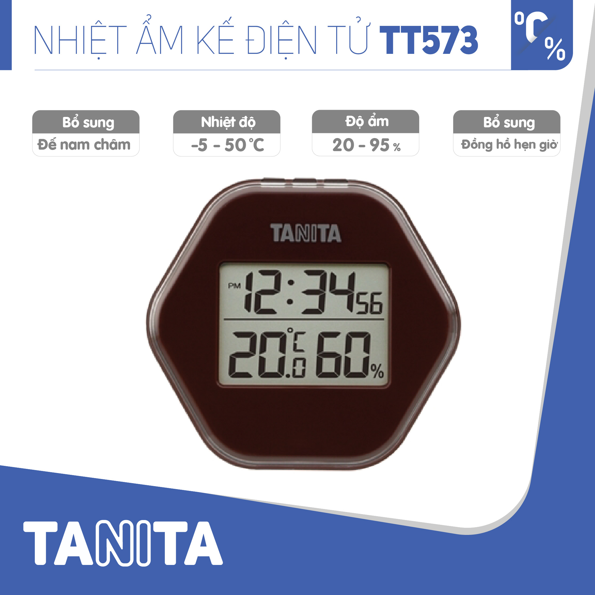 Nhiệt ẩm kế điện tử TANITA TT573 chính hãng nhật bản,thiết bị đo độ ẩm nhiệt độ chính xác,màn hình rõ ràng,hiển thị ngày giờ chuông báo thức,có lỗ treo,chân để bàn phù hợp trong phòng lạnh, bệnh viện, gia đình có trẻ sơ sinh