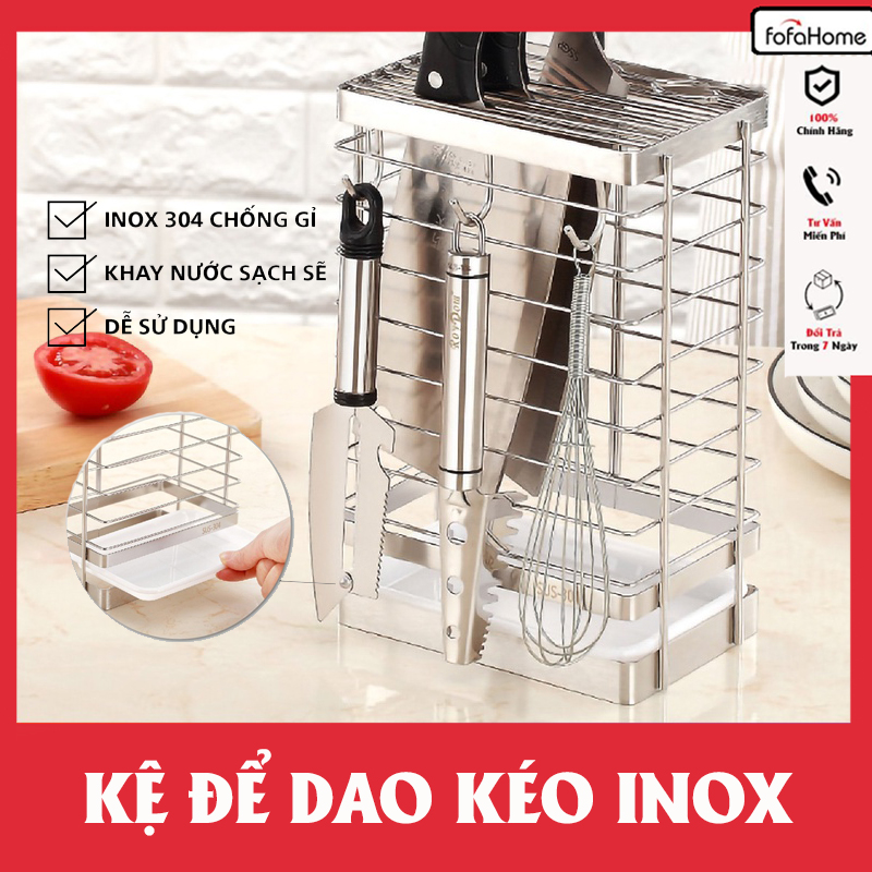 Kệ Đựng Dao Kéo Inox Kèm 3 Móc Treo Và Khay Hứng Nước Chống Rỉ