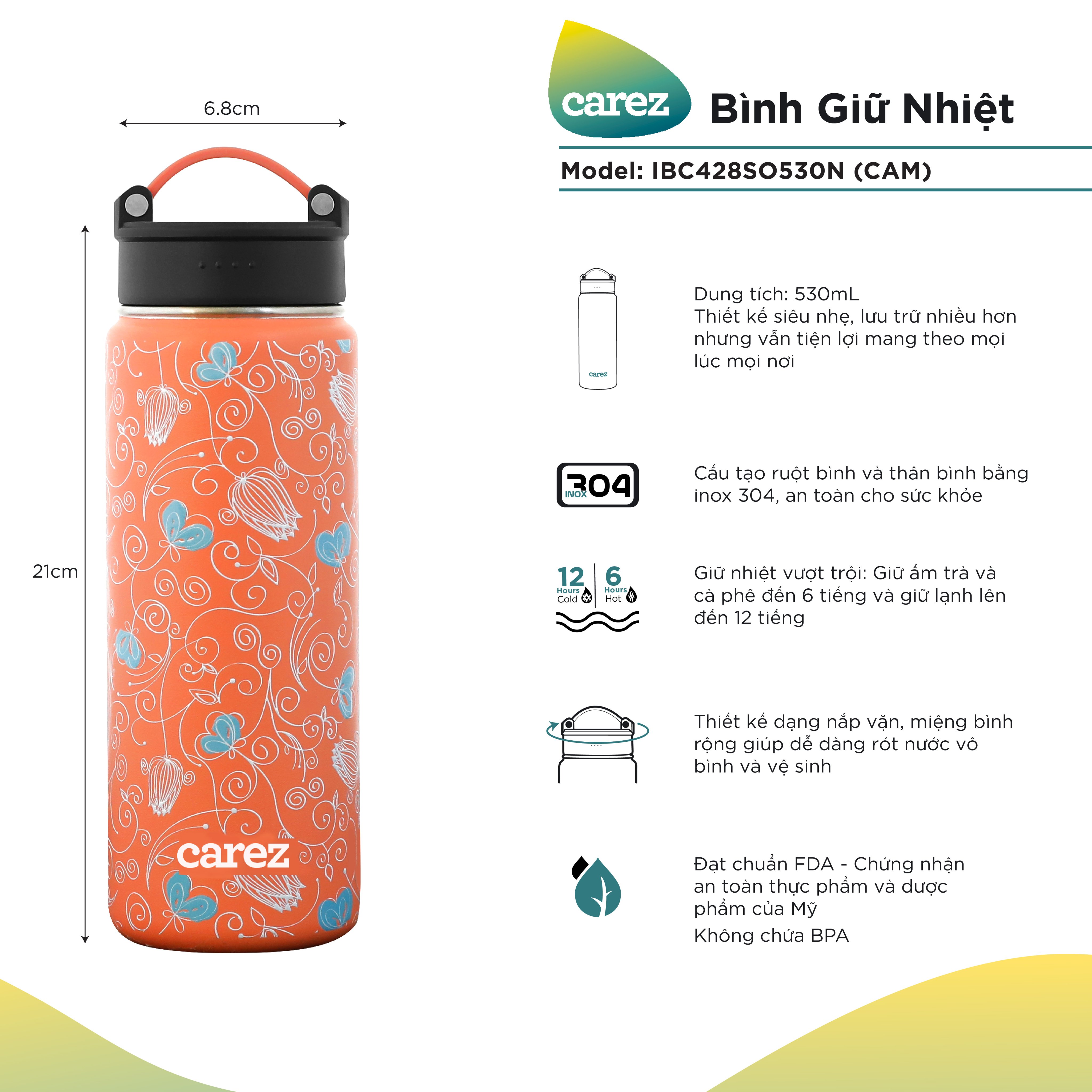 Bình Giữ Nhiệt Carez IBC428SO530N - MÀU CAM - 530ml, Inox 304, Không chứa BPA - Giữ nóng đến 6 tiếng, giữ lạnh đến 12 tiếng - Hàng chính hãng