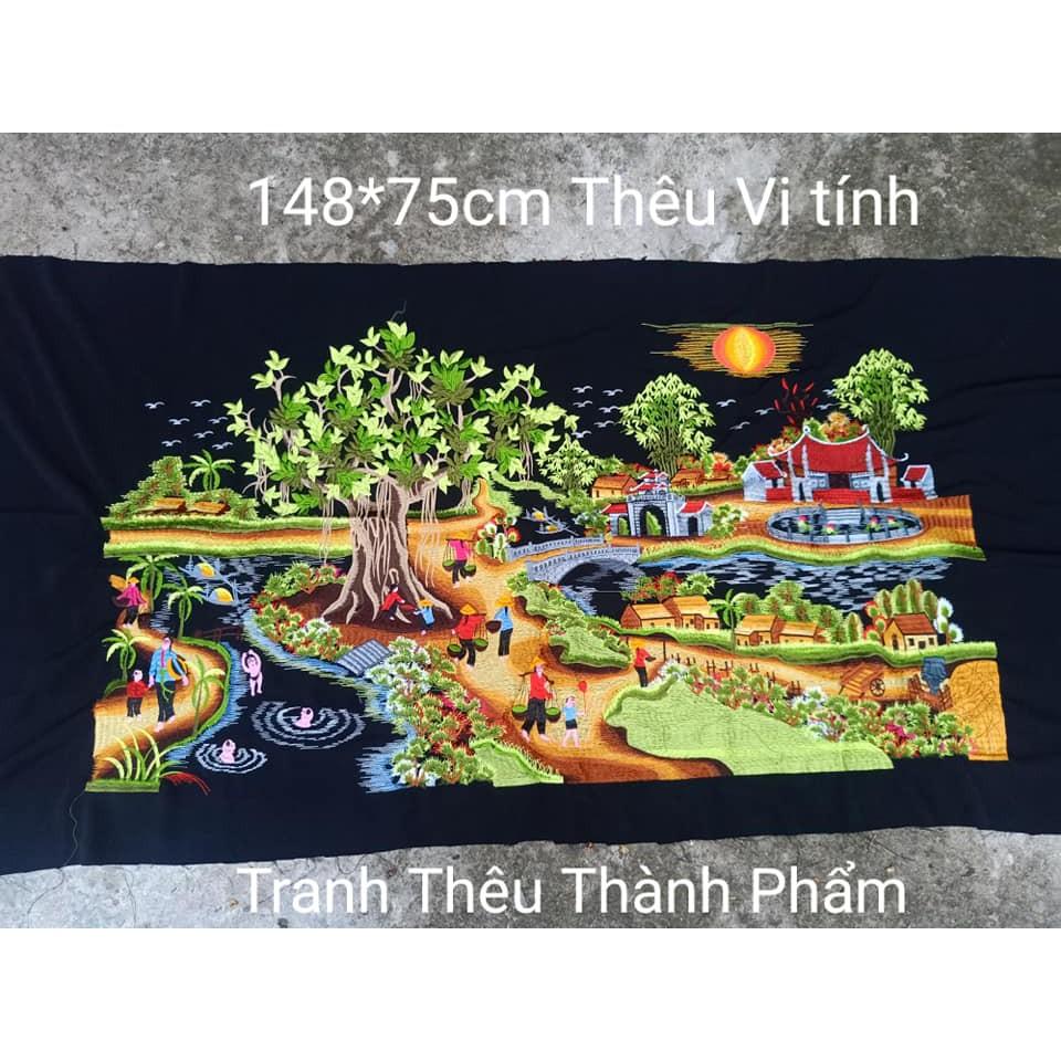 (Đã thêu) Tranh thêu thành phẩm phong cảnh làng quê chỉ lụa truyền thống 1m5