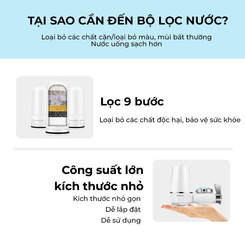 Bộ lọc nước Konka KPW - LT01 lọc sạch nước an toàn không mùi clo, công nghệ 9 màng lọc, máy lắp trực tiếp tại vòi nước -Hàng nhập khẩu