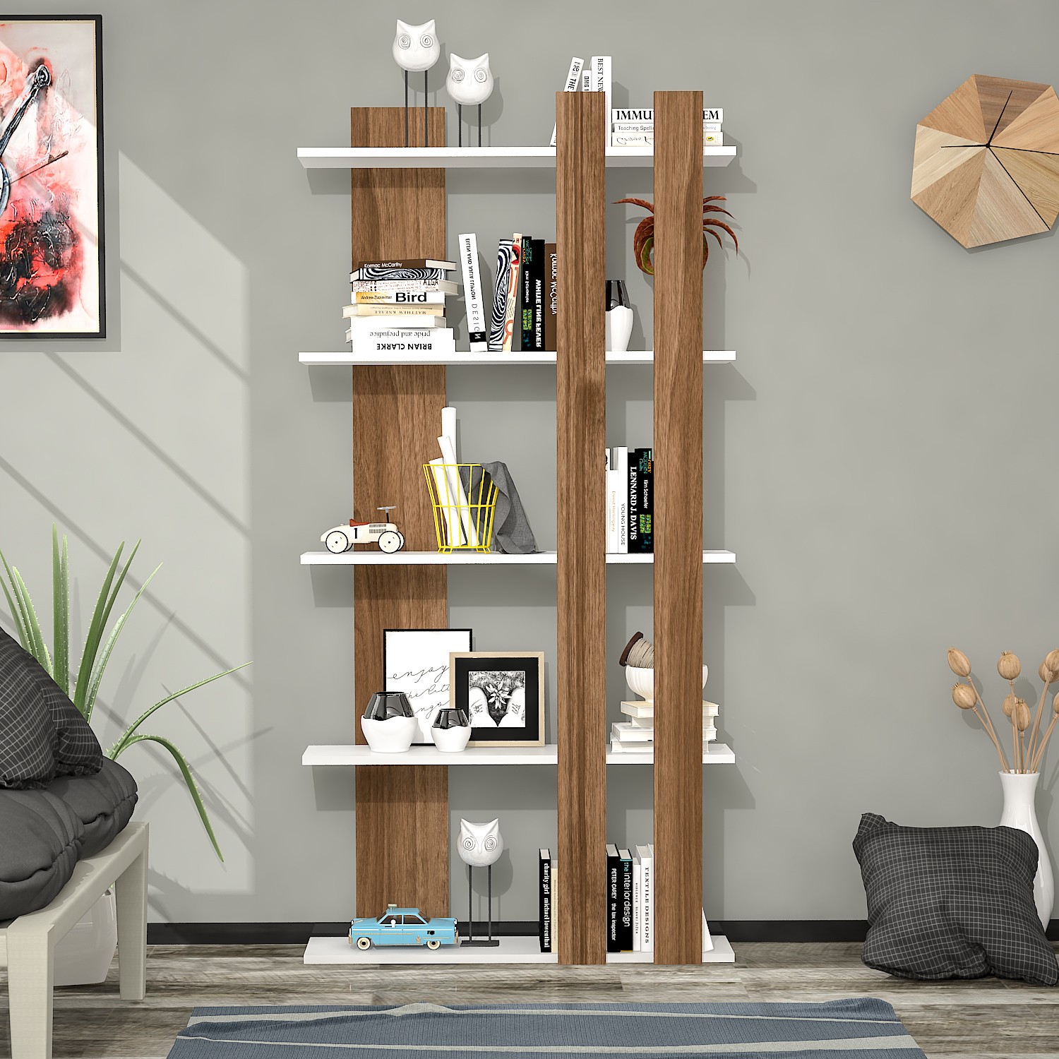 Giá Để Sách Hiện Đại 5 Tầng SIB Decor Màu Trắng Walnut Cốt Gỗ Công Nghiệp Chống Ẩm 155 x 78 x 20cm