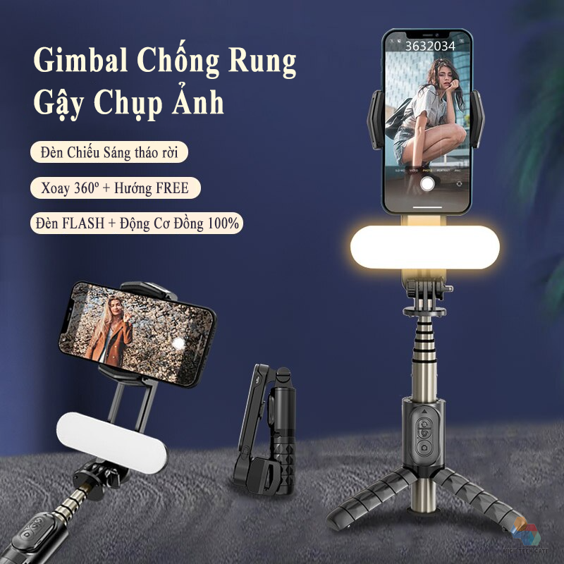 Gậy Chụp Hình Gimbal Chống Rung HIGH TECH GATE Q09 Mini Cầm Tay Du Lịch, Chụp Ảnh Tự Sướng Selfie, Quay Video, Livestream, Quay Tiktok Mọi Nơi, Có Đèn Sáng Tháo Rời, Hàng Chính Hãng