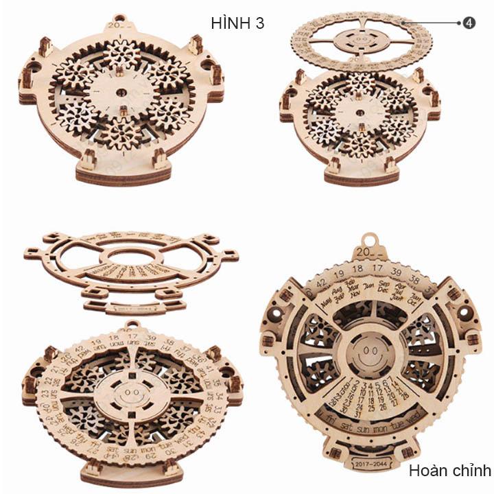 Đồ chơi lịch vạn niên lắp ghép từ các chi tiết gỗ cắt CNC, thể hiện lịch từ năm 2017 đến 2044