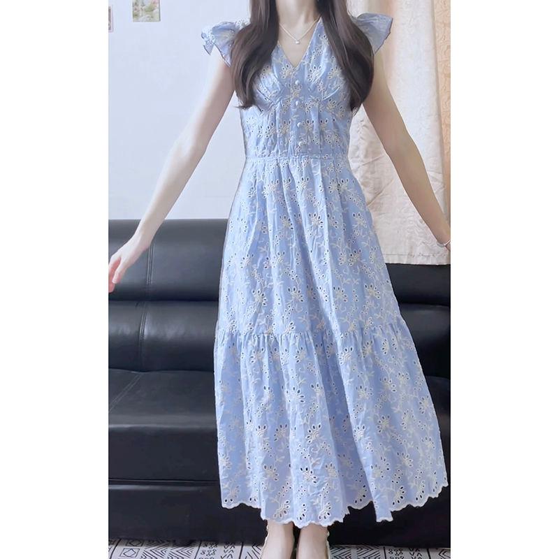 DIYIWEI Phong cách Pháp ngọt ngào khí chất màu xanh cam cuống váy nữ sinh mùa hè thu eo lộ vẻ gầy trung dài mảnh hoa váy