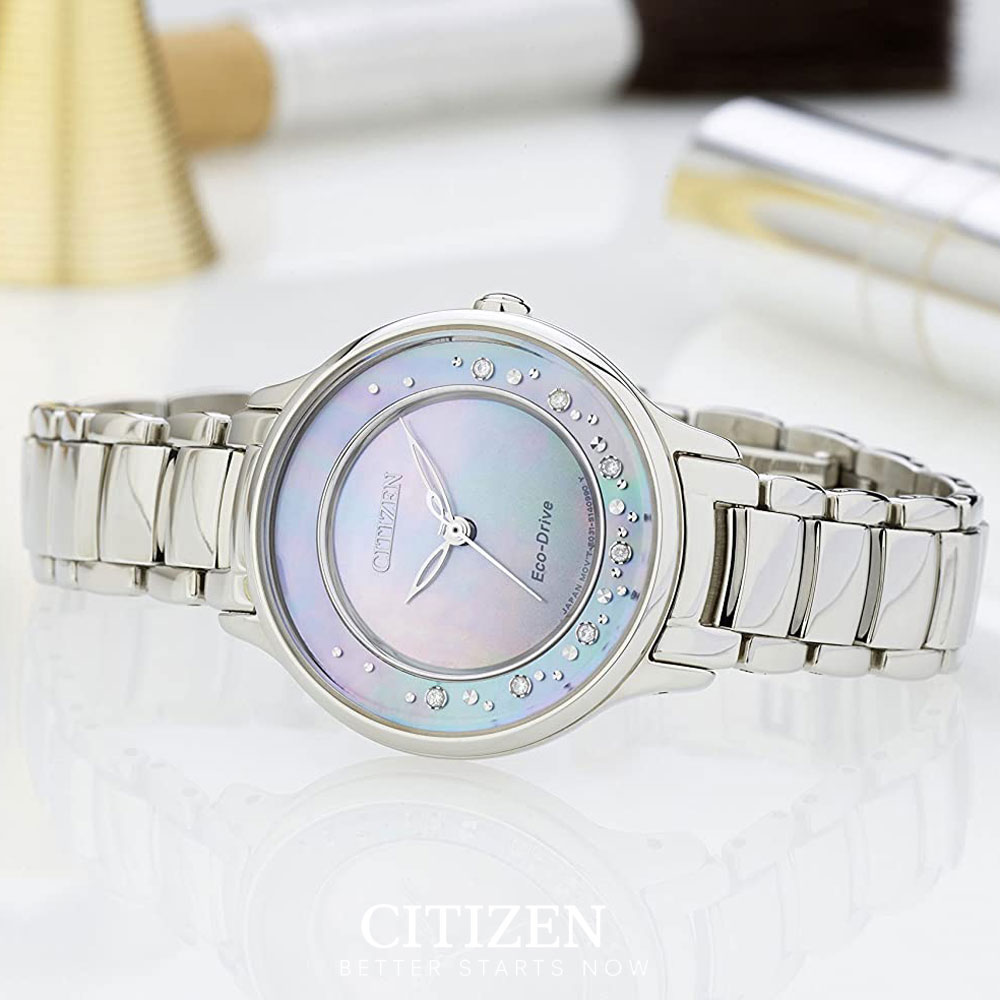 Đồng Hồ Nữ Citizen Đính Kim Cương Dây Thép Không Gỉ EM0380-65D - Mặt Xà Cừ (Sapphire)