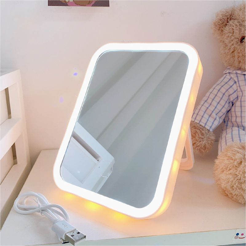 Gương để bàn chữ nhật đèn Led 3 mức ánh sáng kèm cổng sạc 13*17cm