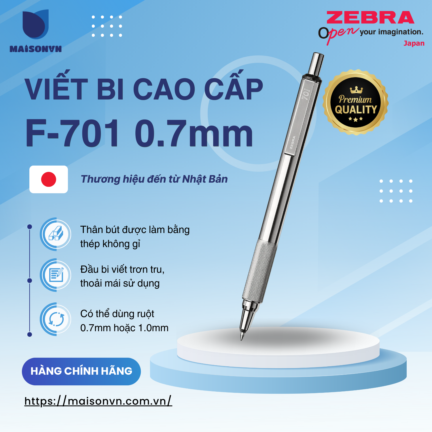 Bút bi bấm kim loại Zebra F701 mực xanh - Chất liệu thép không gỉ - [Chính hãng