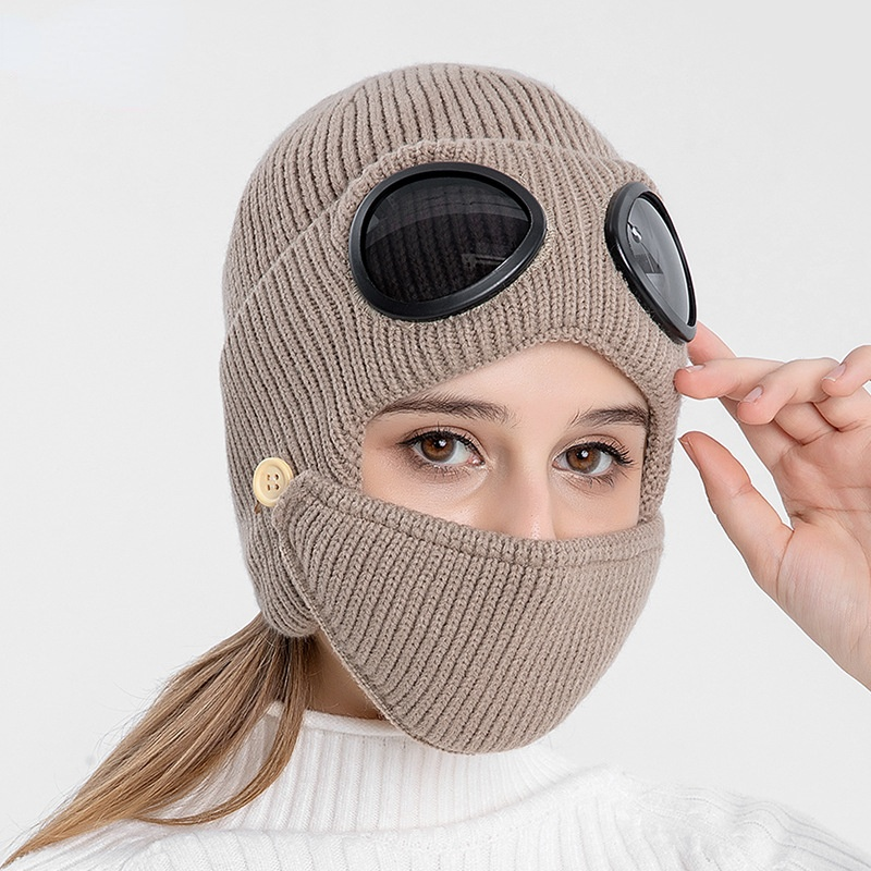 Mùa Đông Kính Máy Bay Ném Bom Nón Earflaps Nữ Mặt Nạ Nón Len Chống Gió Bò Hood Dày Ấm Bonnet Nắp Cho Nam Balo