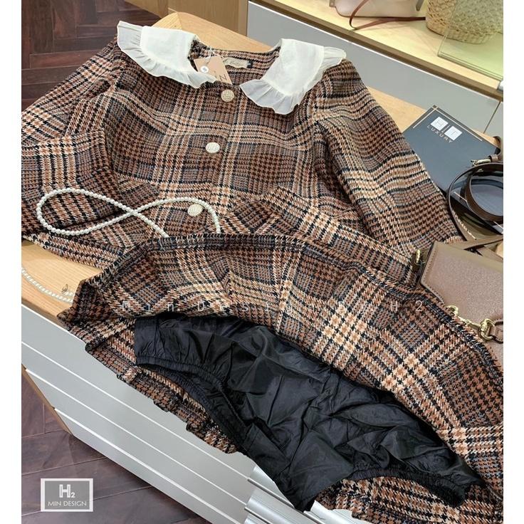 Set Dạ Kẻ Nâu Áo Dạ Mix Chân Váy Xếp Ly Có Ảnh Thật Kèm Video