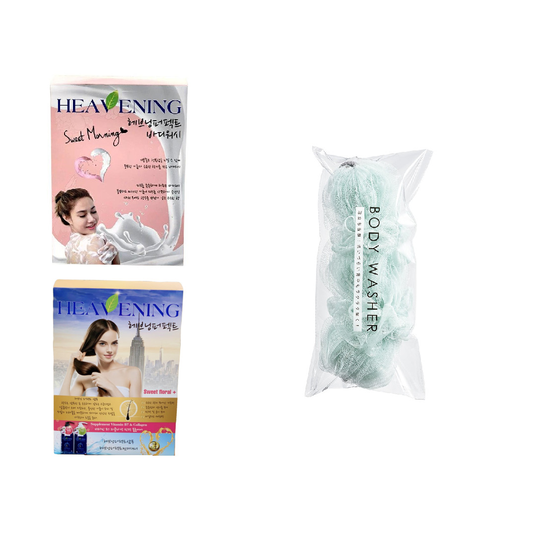 Bộ 03 sản phẩm 01 sữa tắm và 01 dầu gội + 01 xả Heavening tặng kèm bông tắm tạo bọt dài 30cm - Hàng nội địa Hàn Quốc.