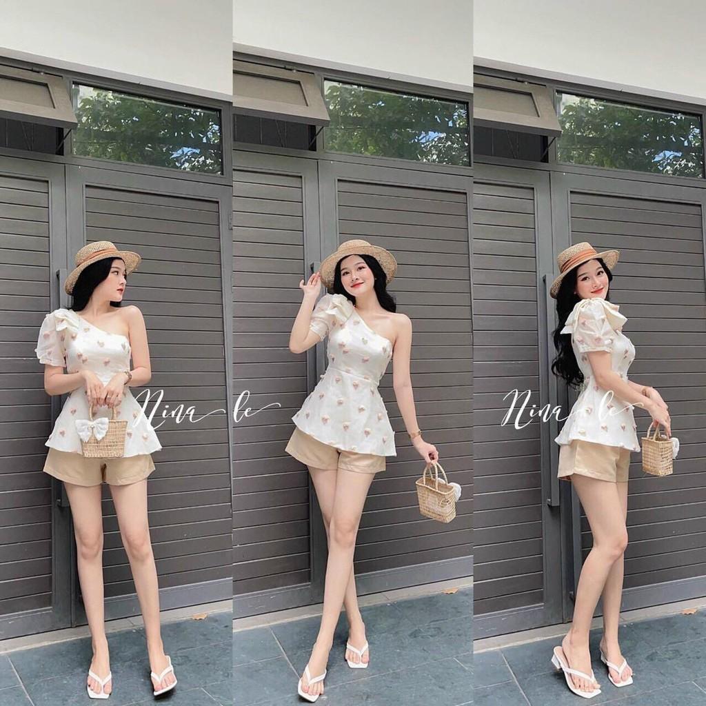 Set bộ đùi lệch vai kết nơ & Quần chéo nhung