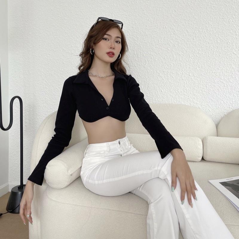 ┋♘Áo croptop nữ body dài tay TOPTIFY cổ polo hai nút viền ngực Shelby Top A216