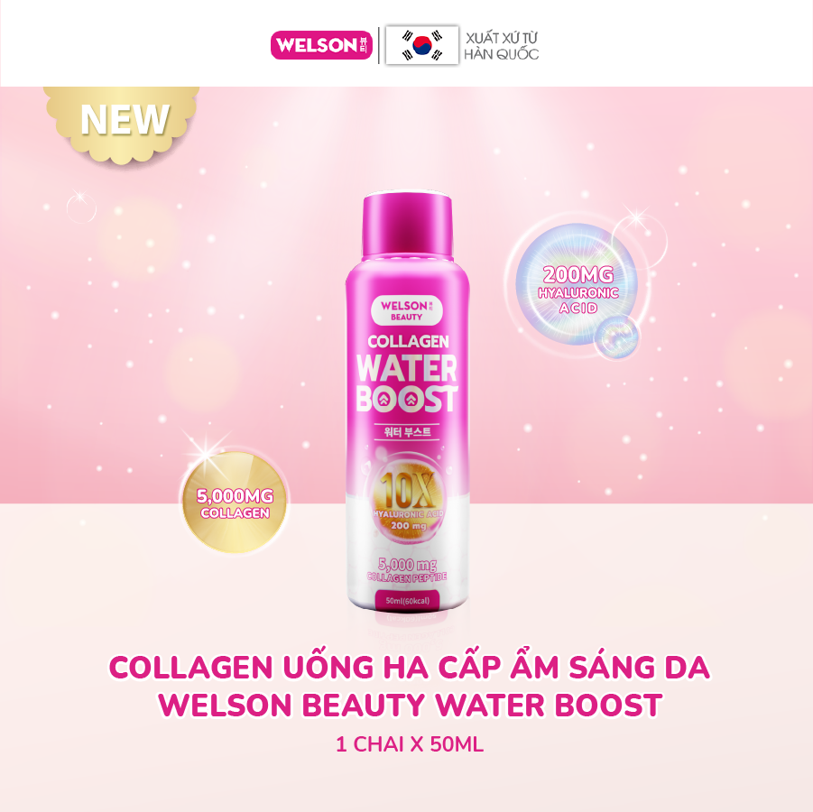 Combo 4 Hộp Collagen Uống Hyaluronic Acid Cấp Ẩm Sáng Da Welson Beauty Water Boost 4 hộp x 6 chai x 50ml