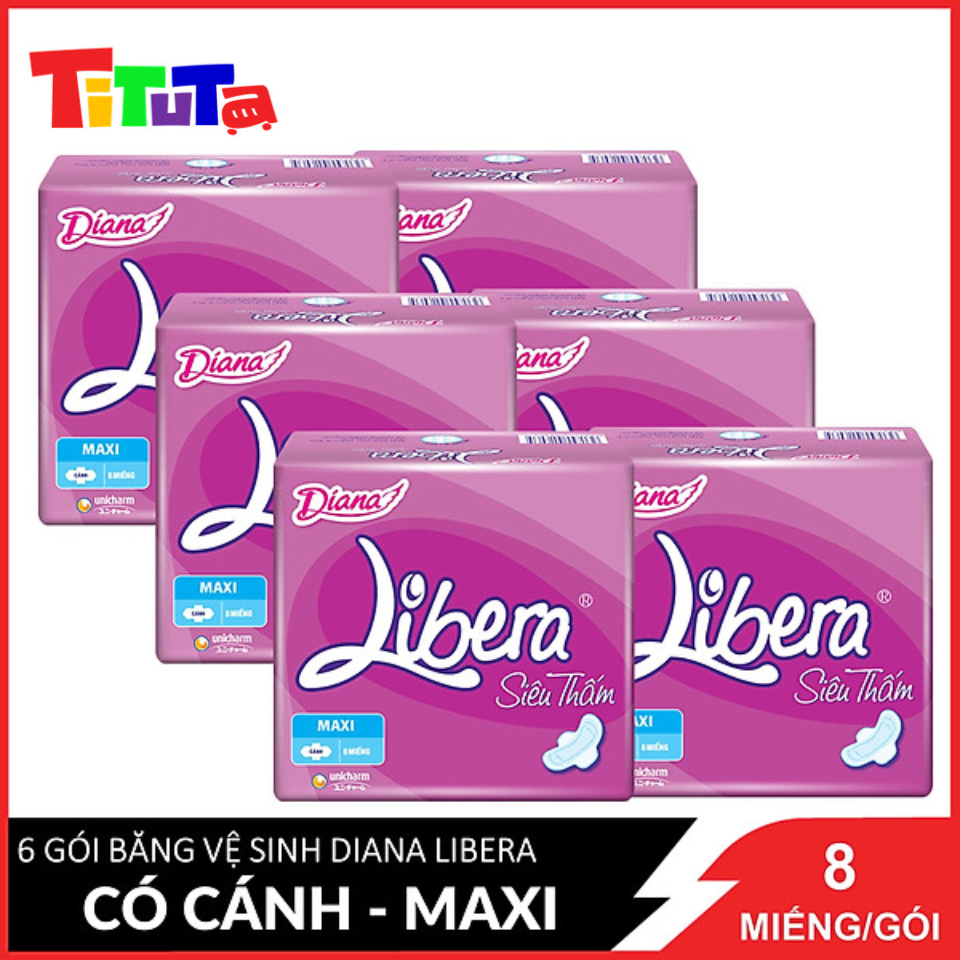 Combo 6 Băng Vệ Sinh Diana Libera Siêu Thấm Maxi Cánh 23cm 8 Miếng / Gói x6