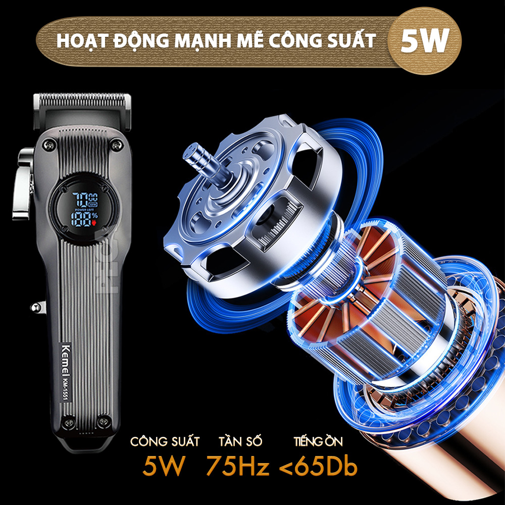 Tông đơ cắt tóc chuyên nghiệp Kemei KM-1551 công suất mạnh 5W màn hình LCD sạc nhanh USB type C tiện lợi - Chính hãng