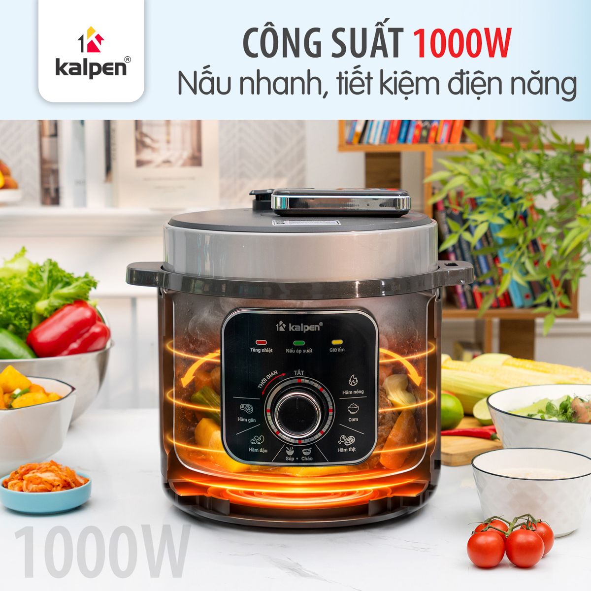 Nồi áp suất điện lòng nồi inox 304 dung tích 6L, Núm vặn cơ dễ sử dụng KALPEN P8 - Hàng chính hãng