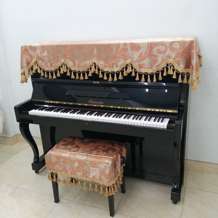 KHĂN PHỦ ĐÀN PIANO CÓ PHỦ GHẾ MÀU CAM ĐẤT TUA RUA SANG TRỌNG