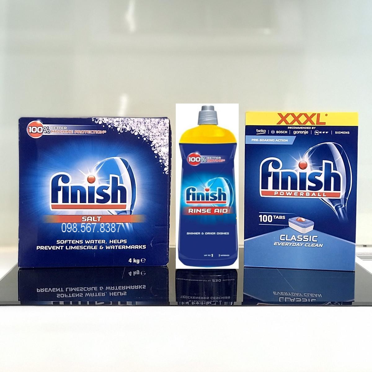 Combo Viên rửa bát Finish Classic 100 viên + Muối Finish 4.0kg + Nước làm bóng Finish 750ml