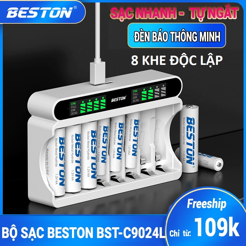 Bộ Sạc pin AA AAA Beston C9024L 8 khe, mẫu mới 2022 sạc nhanh, tự ngắt khi đầy, đèn LED báo thông minh