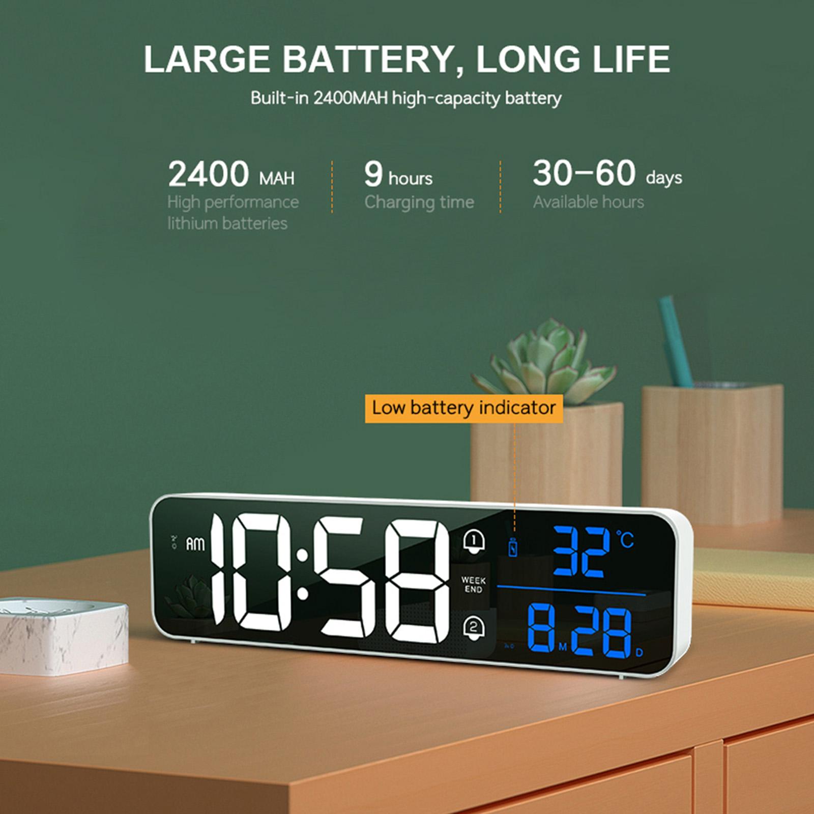 Living Room Mirror Large Digital Alarm Clock LED with Temperature 40 Music 4 Volume, Wall Clock