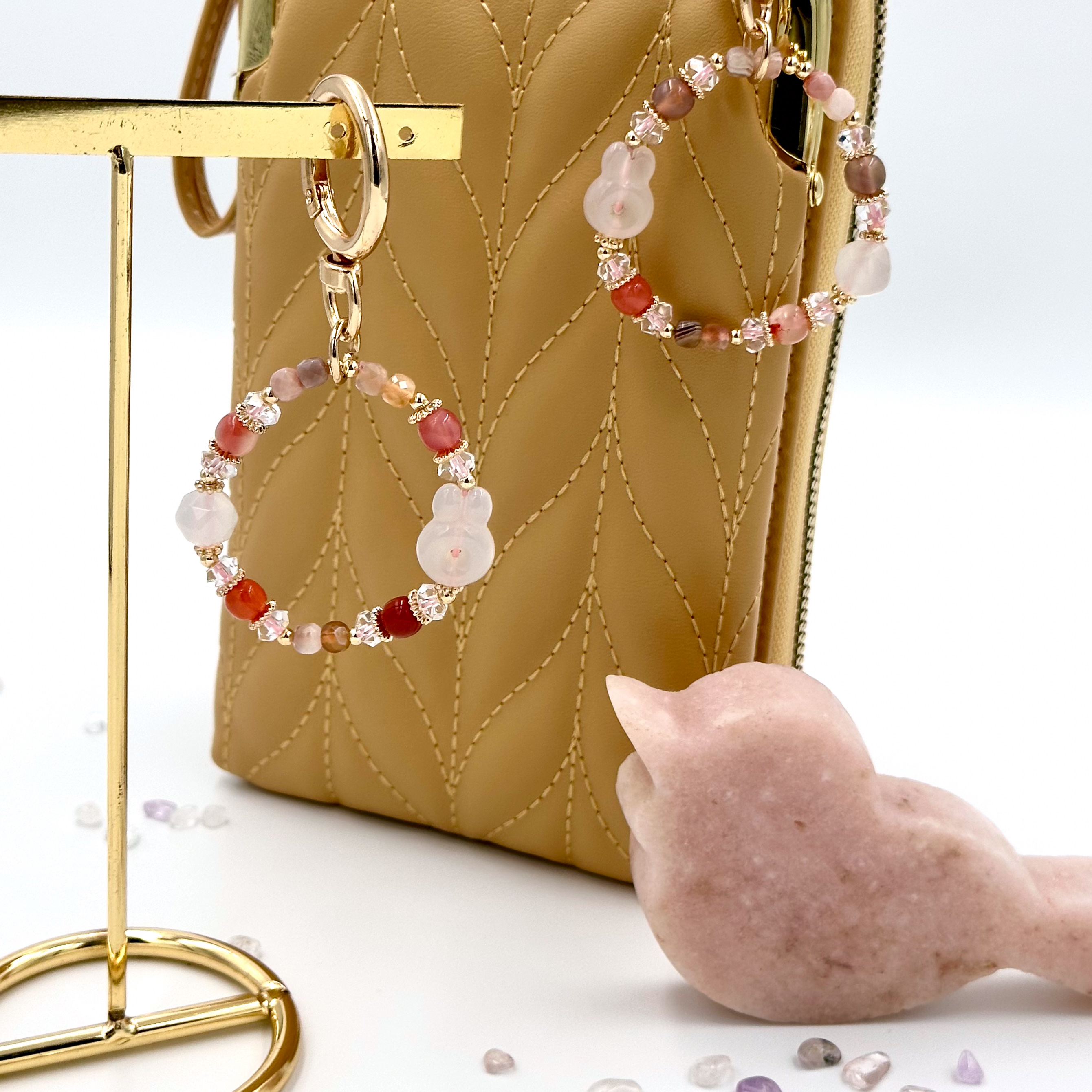 CRZ Bag Charm - Phụ Kiện - Carnelian WithWhite Agate Rabbit Donut - Móc Khóa Vòng Tay Đá Carnelian, Mã Não Trắng Kèm 1 Charm Mã Não Hình Chú Thỏ Donut