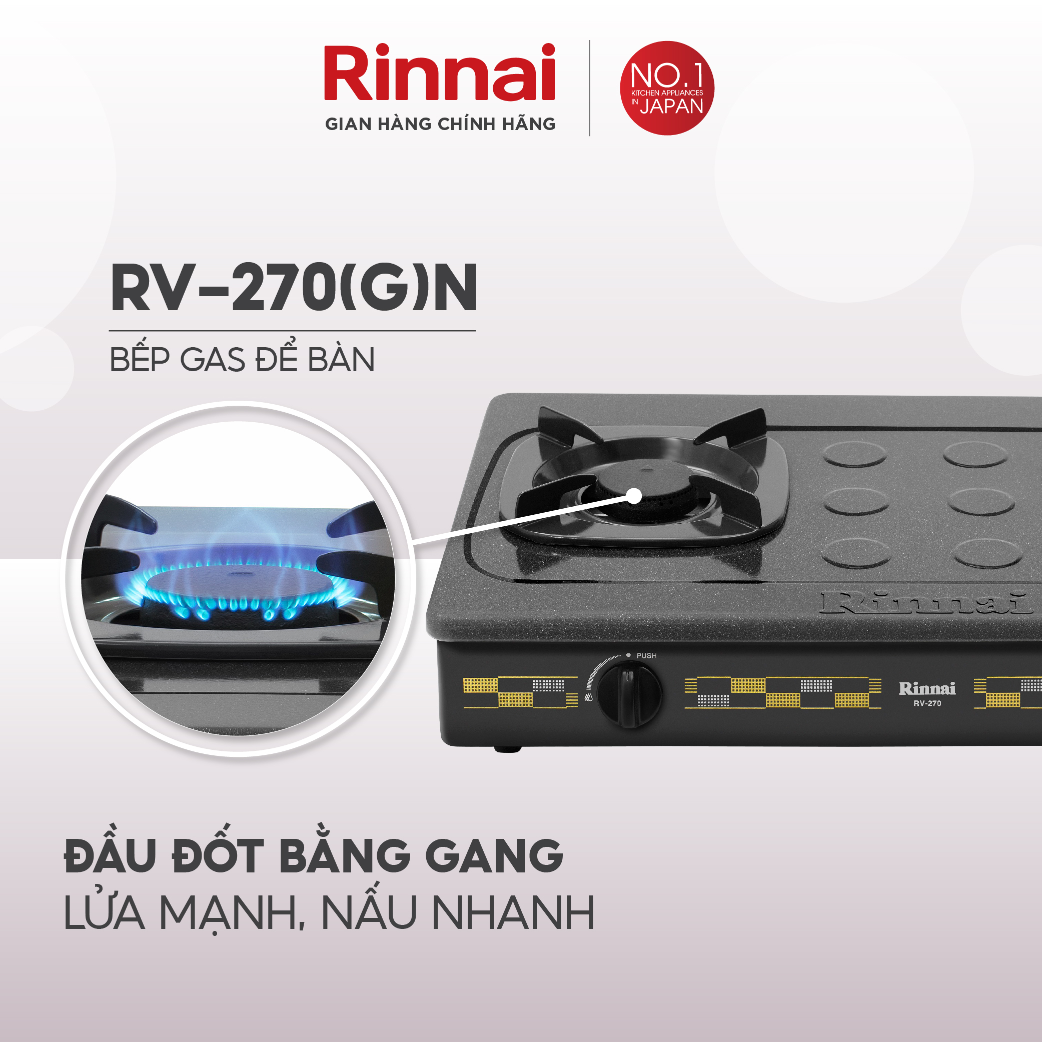 Bếp gas dương Rinnai RV-270(G)N mặt bếp men và kiềng bếp men - Hàng chính hãng