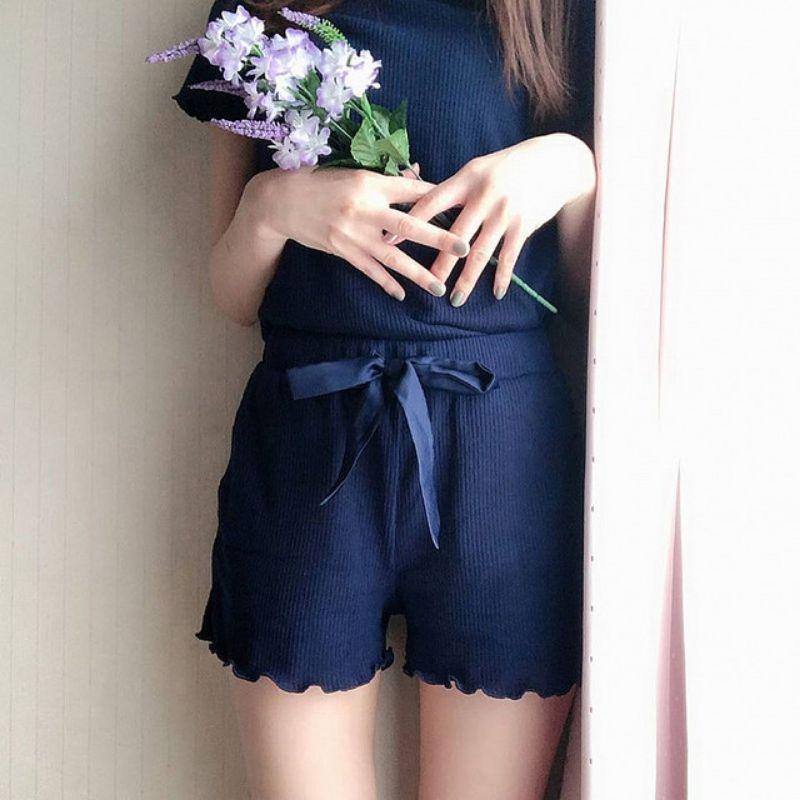 Nữ - Bộ mặc nhà áo ngắn tay quần cộc chất thun tăm mềm mại nơ eo - Waist Ribbon Rib Lounge Set