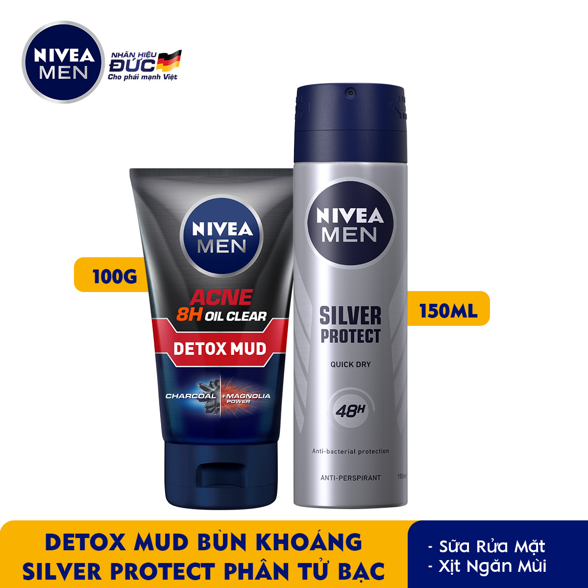 Combo Nivea MEN Sữa rửa mặt Detox Mud Bùn Khoáng - 83940 & Xịt Ngăn Mùi Silver Protect Phân Tử Bạc - 82959